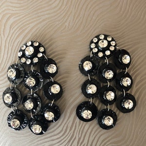 Spectacular Vintage Black Resin and Swarovski Rhinestone Waterfall Earrings Clip-on Runway