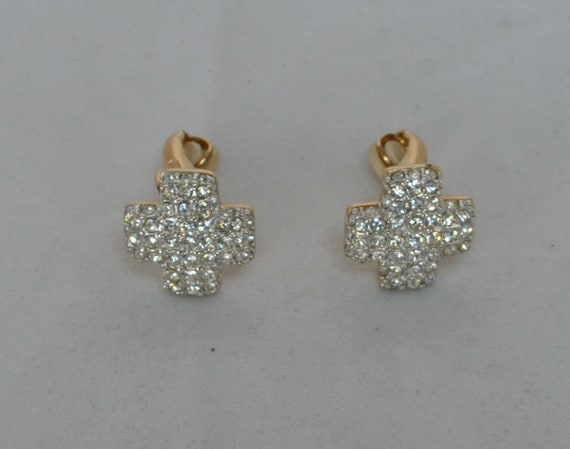 Vintage Swarovski Rhinestone Earrings Cross Desig… - image 1