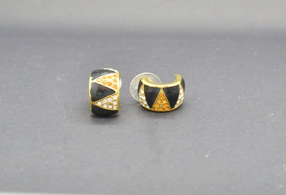Vintage  Earrings Gold and Black Onyx w/ Swarovsk… - image 5