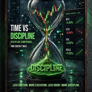 Può includere: Una stampa da parete incorniciata con una clessidra in vetro riempita di sabbia verde e grafici azionari a candela rossi e verdi. Il testo include TIME VS DISCIPLINE, TIME IS YOUR MOST VALUABLE ASSET e dati di mercato per BTC, ETH, SOL e GOLD.