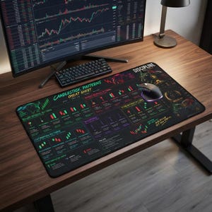 Peut inclure: Un tapis de bureau rectangulaire noir présentant une fiche technique détaillée des modèles de chandeliers pour le trading. Le tapis affiche divers graphiques financiers en vert et rouge, ainsi que le texte Discipline is the Key.