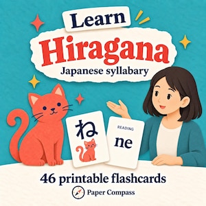 Puede incluir: Un juego de 46 tarjetas didácticas imprimibles para aprender Hiragana, con una ilustración de un gato rojo y el texto Learn Hiragana Japanese syllabary. Las tarjetas muestran el carácter ne y la palabra reading ne, con el logo Paper Compass.