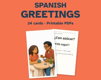 Tarjetas didácticas imprimibles en español: Hola y hospitalidad, 24 tarjetas ilustradas