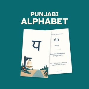 Punjabi Gurmukhi Foundations - 47 Illustrated Flashcards. PUNJABI ALPHABET headline above original illustrated cards on a teal background. Printable digital download.
