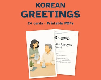 Tarjetas didácticas imprimibles de coreano: Hola y hospitalidad, 24 tarjetas ilustradas