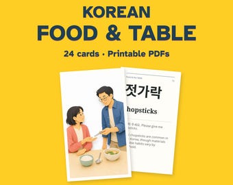 Tarjetas didácticas imprimibles de coreano: La comida y la mesa, 24 tarjetas ilustradas.
