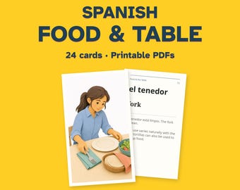 Tarjetas didácticas imprimibles en español: La comida y la mesa, 24 tarjetas ilustradas.