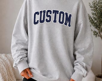 Custom Embroidered Mockneck Sweatshirt,  Custom Embroidered  Polka Dot Mockneck, Game Day Wear, Custom Word Applique Crewneck