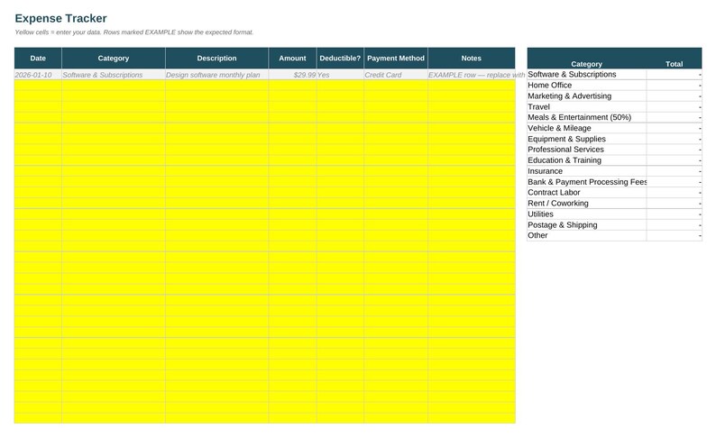 K&ouml;nnte beinhalten: Eine digitale Ausgaben-Tracker-Tabellenvorlage mit einem gro&szlig;en gelben Dateneingaberaster und dunkelblauen Kopfzeilen f&uuml;r Datum, Kategorie, Beschreibung, Betrag, Abzugsf&auml;hig, Zahlungsmethode und Notizen sowie einer Zusammenfassungstabelle rechts.