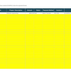 K&ouml;nnte beinhalten: Eine Income Tracker Tabellenvorlage mit einer dunkelblauen Kopfzeile und Spalten f&uuml;r Date, Client, Project, Amount, Status, Payment Method, Invoice # und Notes. Der Hauptteil besteht aus hellgelben Zellen zur Dateneingabe.