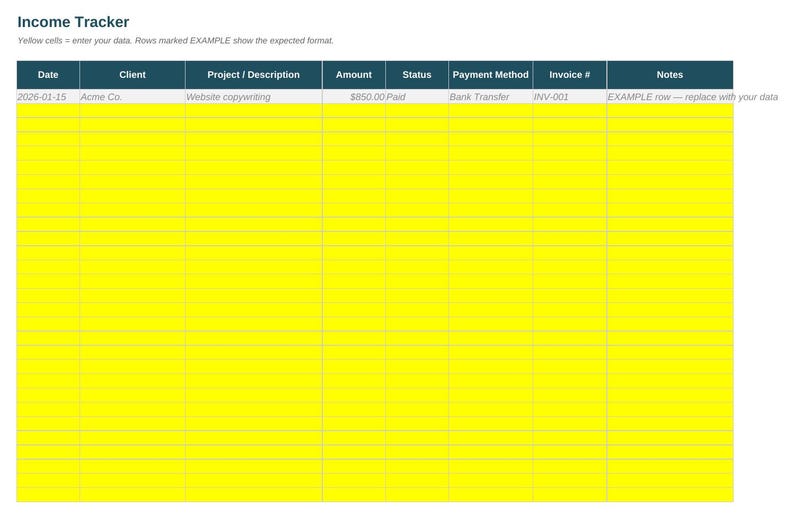 K&ouml;nnte beinhalten: Eine Income Tracker Tabellenvorlage mit einer dunkelblauen Kopfzeile und Spalten f&uuml;r Date, Client, Project, Amount, Status, Payment Method, Invoice # und Notes. Der Hauptteil besteht aus hellgelben Zellen zur Dateneingabe.