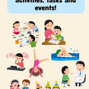 Pode incluir: Uma placa retangular azul-clara com o texto "Don't miss your Kid's activities, tasks and events!" acima de várias ilustrações de crianças envolvidas em atividades como pintar, estudar, nadar, tocar música, ginástica, comer e visitar um médico.