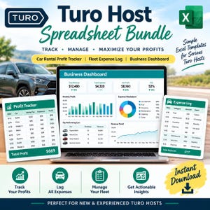 Könnte beinhalten: Ein Turo Host Tabellenkalkulationspaket mit Excel-Vorlagen zur Verfolgung von Mietwagengewinnen, Flottenausgabenprotokollen und einem Business-Dashboard. Die Anzeige zeigt Datendiagramme, Tabellen und Finanzkennzahlen auf einem Laptop.
