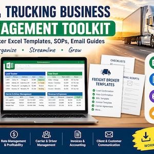 May include: A digital trucking business management toolkit featuring a laptop displaying Excel templates for load tracking, rate sheets, and carrier management, alongside printed documents for SOPs, email guides, and freight broker templates.