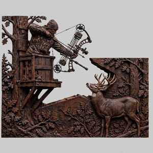 May include: A dark brown wood wall carving depicting a hunter in a tree stand aiming a compound bow at a standing buck deer. The scene features detailed forest elements including oak leaves and tree trunks carved into the relief panel.