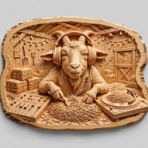 Könnte beinhalten: Eine hellbraune Holzschnitzerei, die eine Ziege mit Kopfhörern in einer Scheune darstellt. Die Ziege befindet sich zwischen einem DJ-Mischpult und einem Plattenspieler, mit Heuballen, einer Heugabel und einer Scheunentür im Hintergrund.