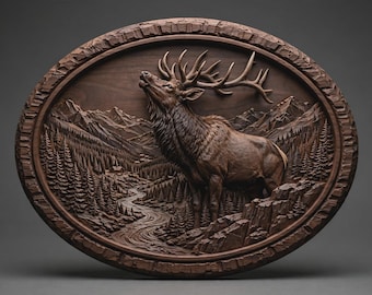 May include: An oval-shaped dark brown wooden wall plaque featuring a detailed relief carving of an elk with large antlers standing on a rocky ledge. The scene includes a winding river, a dense pine forest, and jagged mountain peaks in the background.