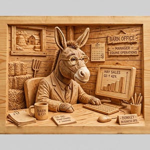 May include: A wooden relief carving depicting a donkey wearing glasses and a suit, sitting at a desk in a barn office. The scene includes a computer monitor showing a bar graph, a calendar, a mug labeled BARN & CO, and signs reading BARN OFFICE, MANAGER EQUINE OPERATIONS, and DONKEY BUSINESS OPS.
