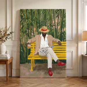 May include: A painting of a person wearing a tan blazer, white shirt, white trousers, a straw hat with a red band, and red shoes. The person sits on a yellow bench, holding a glass and a newspaper, with a cigar in hand, against a bamboo background.