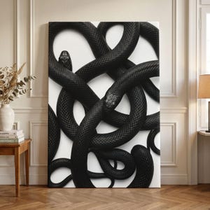 May include: A rectangular wall art print featuring a high-contrast composition of multiple intertwined black snakes with detailed, textured scales against a stark white background, creating a complex, knotted pattern of dark, winding serpentine forms.