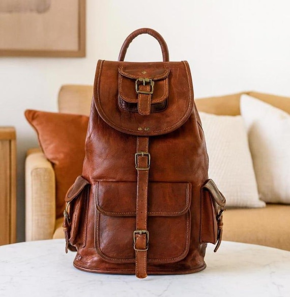 Handcrafted Genuine Leather Backpack, Rustic Travel Rucksack- Multi Pocket Daypack