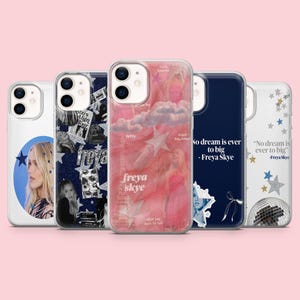 May include: Five clear smartphone cases featuring various designs: one with a portrait in a blue circle, one with a dark blue collage, one with a pink aesthetic collage including the Eiffel Tower, one dark blue with text, and one white with stars and a disco ball.