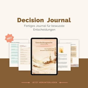 Op de afbeelding: Een digitale tablet met de cover van een beslissingsdagboek met een landschapsillustratie, omringd door verschillende open dagboekpagina's met Duitse tekst, waaronder koppen zoals Entscheidung Nr. 1 en een roze ster-icoon met het label NEU.