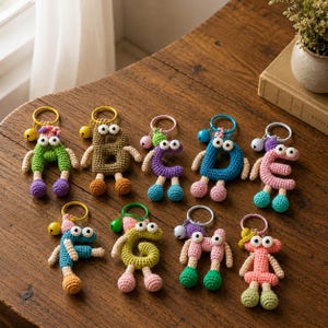 May include: A collection of nine crochet letter keychains, each featuring a unique color, two white eyes with black pupils, small arms and legs, and a small metal bell attached to a silver-toned keyring. The letters A through I are represented.