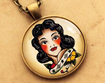 Pin up Girl Necklace, Sailor Jerry Pendant, Rockabilly Necklace, Tattoo Necklace, Pinup Pendant, Pin-up Necklace, Punk, Gift For Her