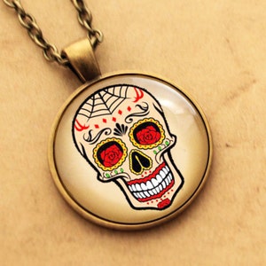 Sugar Skull Pendant Rose, Spider Web, Halloween Day of the Dead, Rockabilly, Tattoo Necklace, Sugarskull jewellery Mexican, skeleton image 1