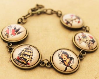 Sailor Jerry Bracelet, Rockabilly Bracelet, Nautical Bracelet, Tattoo Bracelet, Gothic Bracelet, Tile Bracelet, Pinup Tattoo