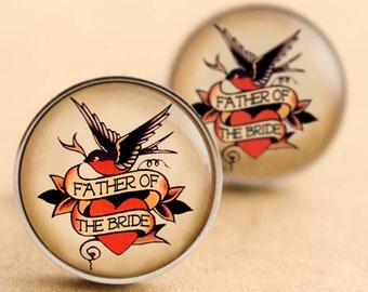 Father of the Bride Cufflinks, Wedding Cufflinks, Sailor Jerry, Swallow Tattoo Cufflinks, Rockabilly, Stainless Steel Cufflinks,  Groomsman