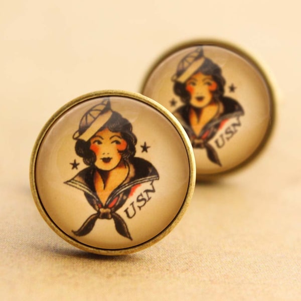 Sailor Jerry Cufflinks - Mens Nautical Rockabilly Sailor Girl Tattoo Cuff Links Vintage