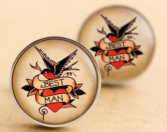 Best Man Cufflinks, Wedding Cufflinks, Sailor Jerry, Swallow Tattoo Cufflinks, Rockabilly Cufflinks, Stainless Steel Cufflinks,  Groomsman