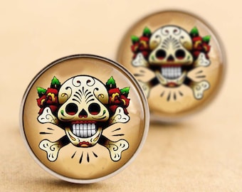 Floral Skull Cufflinks, Sugar Skull Cufflinks, Steel, Silver, Day of the Dead, Rockabilly Cufflinks, Tattoo Cuff links, Sugarskull, Groom