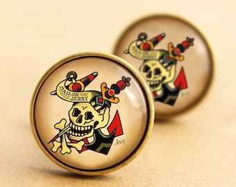 Skull & Anchor Cufflinks, Sailor Jerry Cufflinks, Nautical Cufflinks, Skull Cuff Links, Pirate Cuff Links, Vintage, Rockabilly cufflinks