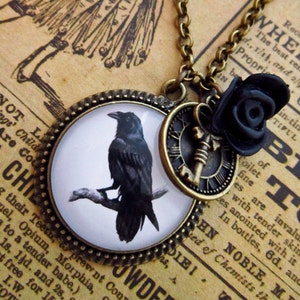 Steampunk Raven Necklace, Gothic necklace, Crow pendant, bird necklace, goth necklace, glass necklace, black goth Pendant, Halloween, Poe image 1