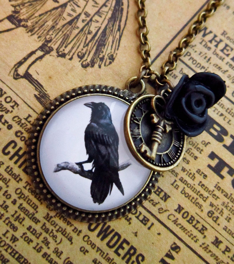 Steampunk Raven Necklace, Gothic necklace, Crow pendant, bird necklace, goth necklace, glass necklace, black goth Pendant, Halloween, Poe image 1