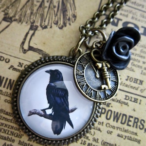 Steampunk Raven Necklace, Gothic necklace, Crow pendant, bird necklace, goth necklace, glass necklace, black goth Pendant, Halloween, Poe image 2