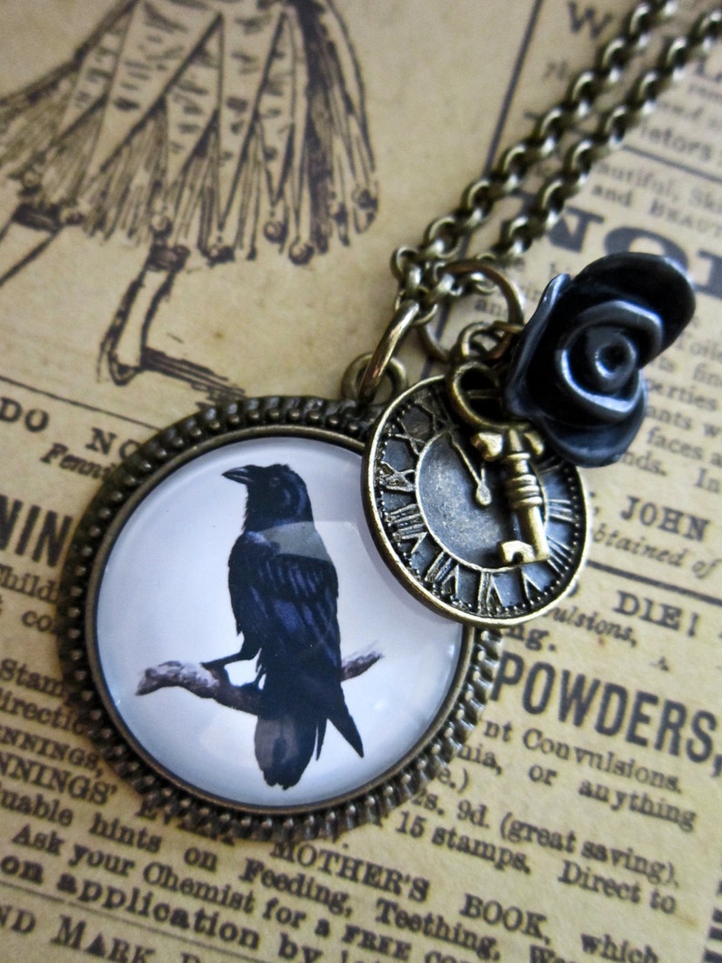 Steampunk Raven Necklace, Gothic necklace, Crow pendant, bird necklace, goth necklace, glass necklace, black goth Pendant, Halloween, Poe image 2