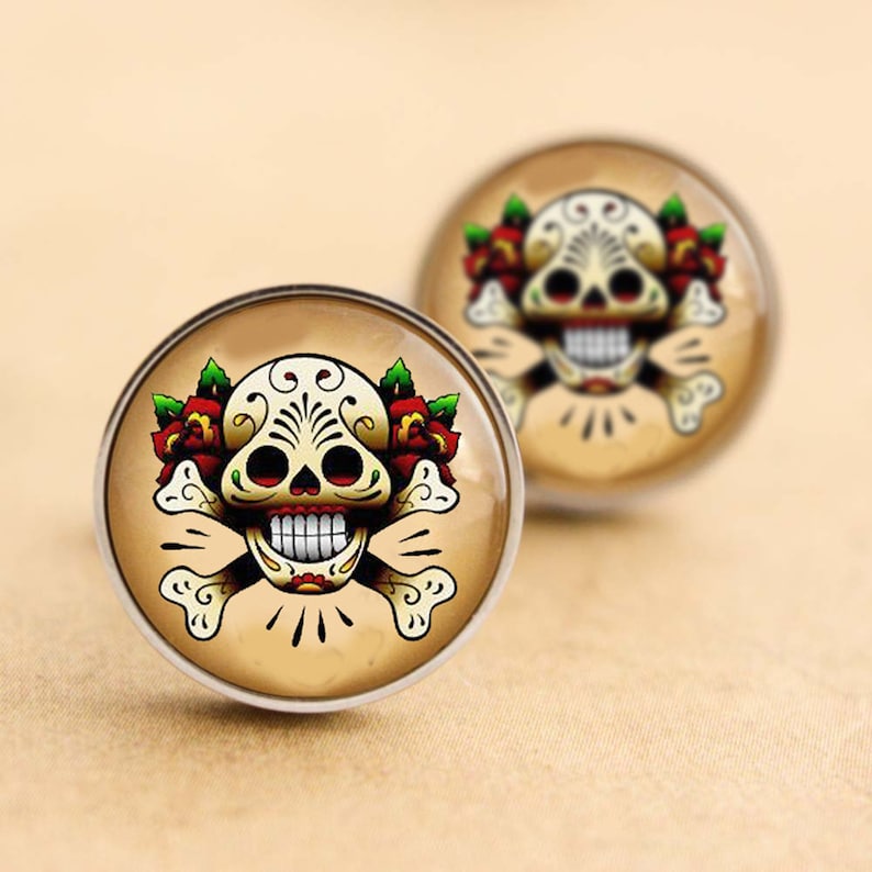 Sugarskull Rockabilly Cufflinks Steel Floral Skull Cufflinks Silver Groom Day of the Dead Tattoo Cuff links Sugar Skull Cufflinks