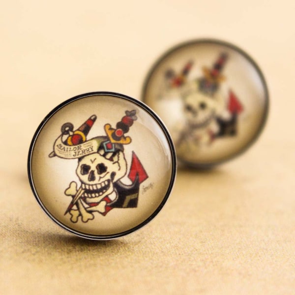 Sailor Jerry Cráneo Cufflinks, Acero Inoxidable, Eslabones de Manguito Pirata, Enlaces de Puño Náutico, Regalo para él, Vintage, Rockabilly, Punk, Plata