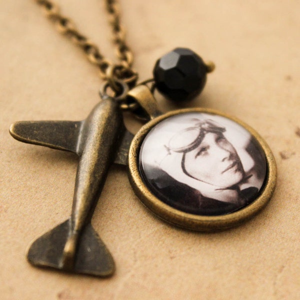 Amelia Earhart Necklace, Steampunk Necklace, Aviation Necklace, Vintage Necklace, Plane Necklace, Pendant, Airplane, Gift for Her, Pilot