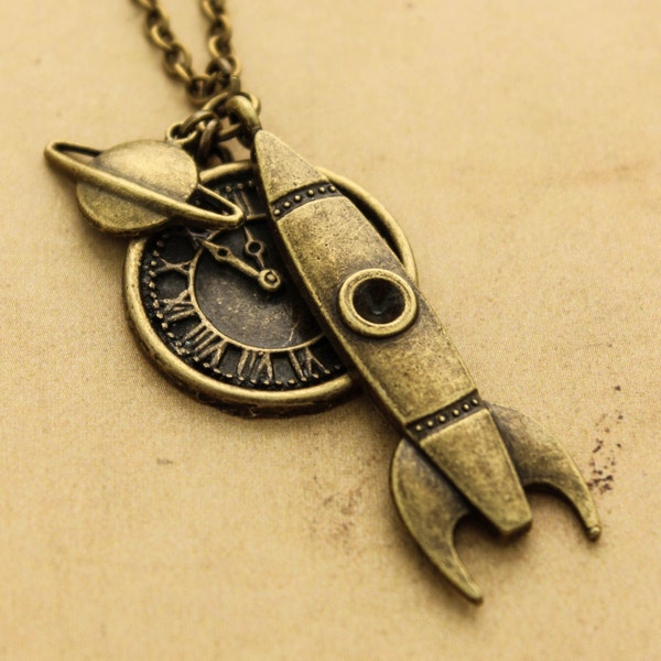 Rocket Necklace, Steampunk Necklace, Scifi Necklace, Space Necklace, Science Necklace, Gift for her, Bronze Pendant, Clock Necklace, Planet