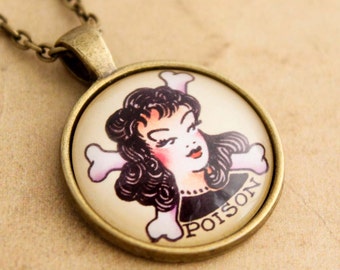 Poison Necklace, Sailor Jerry, Rockabilly Necklace, Skull Necklace, Tattoo Necklace, Vintage pendant, Pin-up, Gift for her, Gothic Necklace