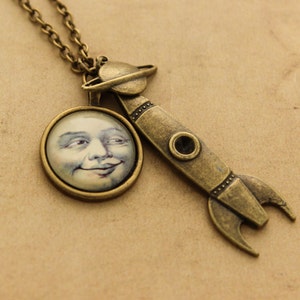 Vintage Moon Necklace, Steampunk Necklace, Rocket Necklace, Man in the Moon, Sci-fi pendant, Gift for Her, Space Necklace, Victorian, Geek image 1