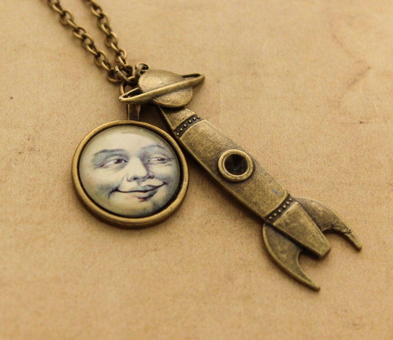 Vintage Moon Necklace, Steampunk Necklace, Rocket Necklace, Man in the Moon, Sci-fi pendant, Gift for Her, Space Necklace, Victorian, Geek image 1