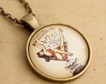 Rockabilly Necklace, Sailor Jerry Necklace, Tattoo Necklace, Pin-up Girl Necklace, Mans Ruin, Punk Necklace, Pendant, Gift for Her, Gothic