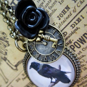 Steampunk Raven Necklace, Gothic necklace, Crow pendant, bird necklace, goth necklace, glass necklace, black goth Pendant, Halloween, Poe image 3