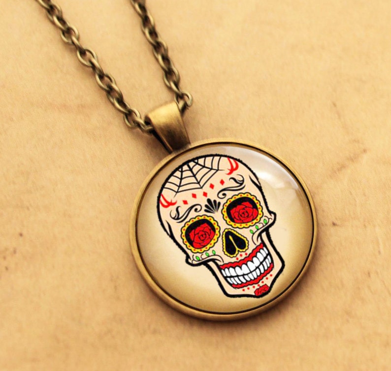 Sugar Skull Pendant Rose, Spider Web, Halloween Day of the Dead, Rockabilly, Tattoo Necklace, Sugarskull jewellery Mexican, skeleton image 1